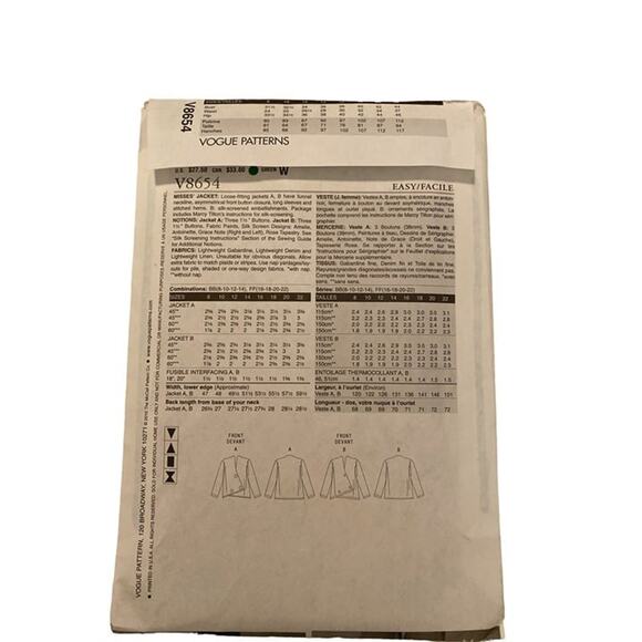 Vogue Katherine Tilton V8654 Sewing Pattern 8-10-12-14 Jacket Sewing Pattern - Picture 4 of 8